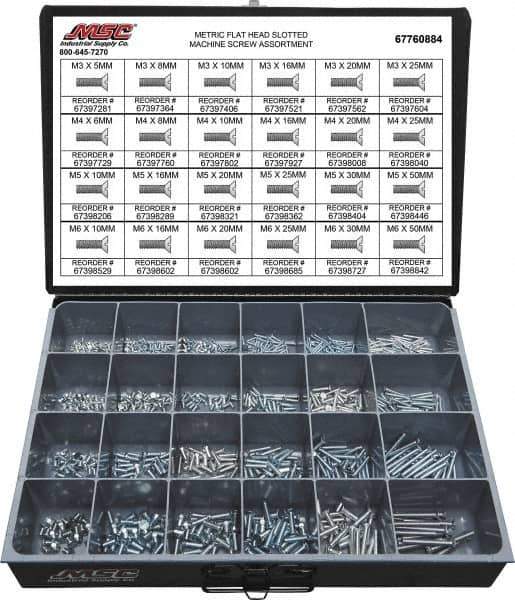 Value Collection - 820 Piece, M3x5.00 to M5x25.00, Steel Machine Screw Assortment - Flat Head, Slotted Drive, 5 to 50mm Long, Grade 2 - Apex Tool & Supply
