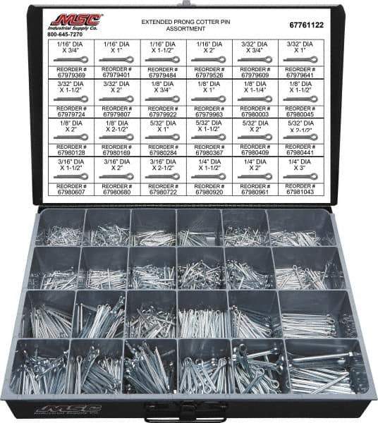 Value Collection - 2,325 Piece, 1/16 to 1/4" Pin Diam, Extended Prong Cotter Pin Assortment - 3/4 to 3" Long, Grade 2 Steel - Apex Tool & Supply
