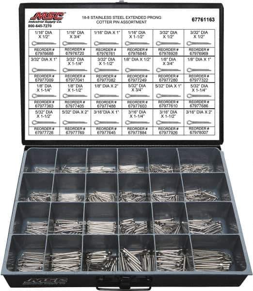Value Collection - 1,250 Piece, 1/16 to 3/16" Pin Diam, Extended Prong Cotter Pin Assortment - 1/2 to 2" Long, 18-8 Stainless Steel - Apex Tool & Supply
