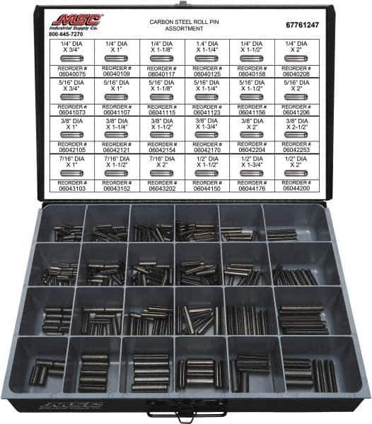 Value Collection - 320 Piece, 1/4 to 1/2" Pin Diam, Spring Pin Assortment - 1-3/4 to 2" Long, Grade 2 Steel - Apex Tool & Supply