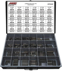 Value Collection - 320 Piece, 1/4 to 1/2" Pin Diam, Spring Pin Assortment - 1-3/4 to 2" Long, Grade 2 Steel - Apex Tool & Supply