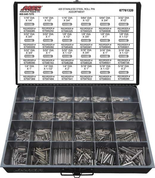 Value Collection - 115 Piece, 1/16 to 5/16" Pin Diam, Dowel Pin Assortment - 1/4 to 2" Long, 402 Stainless Steel - Apex Tool & Supply