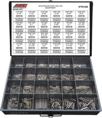 Value Collection - 115 Piece, 1/16 to 5/16" Pin Diam, Dowel Pin Assortment - 1/4 to 2" Long, 402 Stainless Steel - Apex Tool & Supply