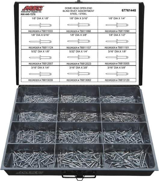 Value Collection - 1,100 Piece, 1/8 to 3/16" Hole Diam, Dome Head, Steel Blind Rivet Assortment - 1/8 to 5/8" Length, Steel Mandrel - Apex Tool & Supply