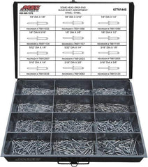 Value Collection - 1,100 Piece, 1/8 to 3/16" Hole Diam, Dome Head, Steel Blind Rivet Assortment - 1/8 to 5/8" Length, Steel Mandrel - Apex Tool & Supply