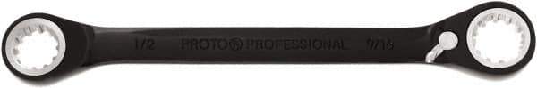 Proto - 1/2" x 9/16" 12 Point Spline Reversible Ratcheting Box Wrench - Double End, 1" Head Diam x 3/16" Head Thickness, 7-1/16" OAL, Steel, Black Chrome Finish - Apex Tool & Supply