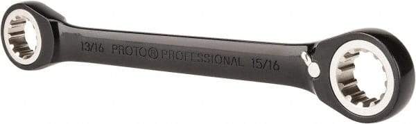 Proto - 13/16" x 15/16" 12 Point Spline Reversible Ratcheting Box Wrench - Double End, 1-13/16" Head Diam x 1/4" Head Thickness, 10-1/4" OAL, Steel, Black Chrome Finish - Apex Tool & Supply