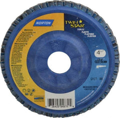 Norton - 80 Grit, 4-1/2" Disc Diam, 7/8" Center Hole, Type 27 Ceramic Flap Disc - 13,000 Max RPM, Plastic Backing, Arbor Attaching System, Coated - Apex Tool & Supply