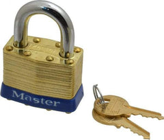 Master Lock - 15/16" Shackle Clearance, Keyed Alike Laminated Brass Padlock - 5/16" Shackle Diam, Brass - Apex Tool & Supply