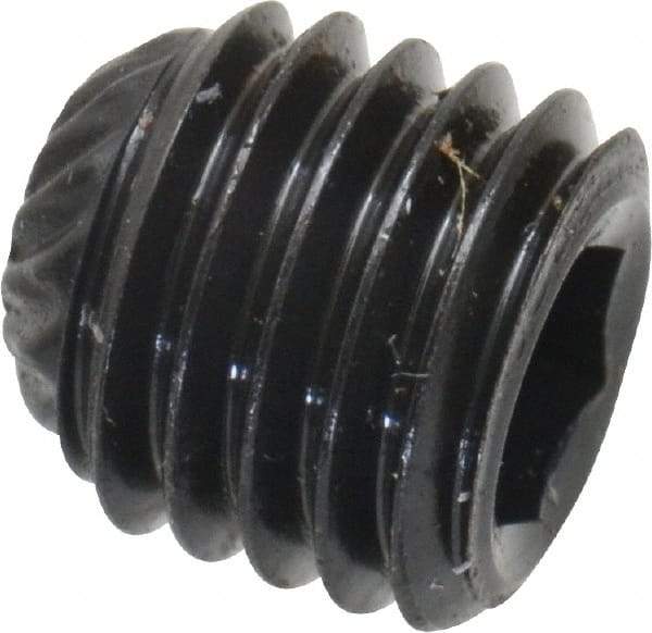 Unbrako - 1/4-28 UNF, 1/4" OAL, Knurled Cup Point Set Screw - Grade 8 Alloy Steel, 1/8" Key - Apex Tool & Supply