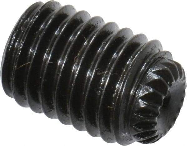 Unbrako - 1/4-28 UNF, 3/8" OAL, Knurled Cup Point Set Screw - Grade 8 Alloy Steel, 1/8" Key - Apex Tool & Supply