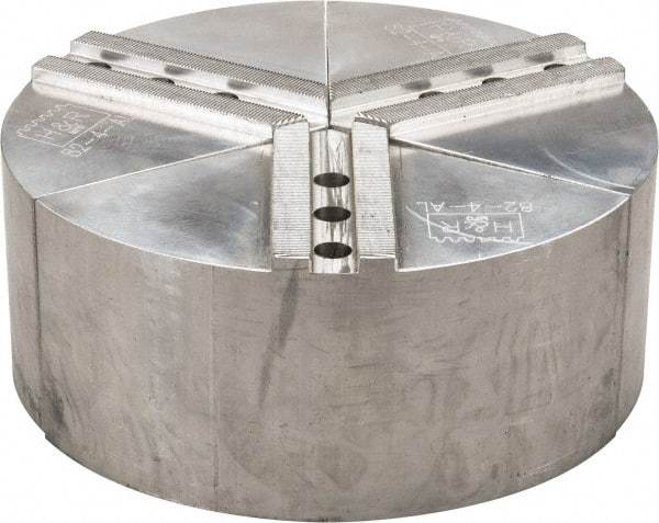 H & R Manufacturing - 1.5mm x 60° Serrated Attachment, Round Soft Lathe Chuck Jaw - 3 Jaws, Aluminum, 1.181" Btw Mount Hole Ctrs, 5" Long x 10" Wide x 4" High, 0.63" Groove, 12mm Fastener - Apex Tool & Supply