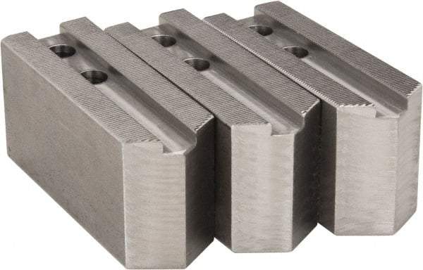 H & R Manufacturing - 1.5mm x 60° Serrated Attachment, Square Soft Lathe Chuck Jaw - 3 Jaws, Steel, 1.181" Btw Mount Hole Ctrs, 5" Long x 1-3/4" Wide x 2-1/2" High, 0.63" Groove, 12mm Fastener - Apex Tool & Supply