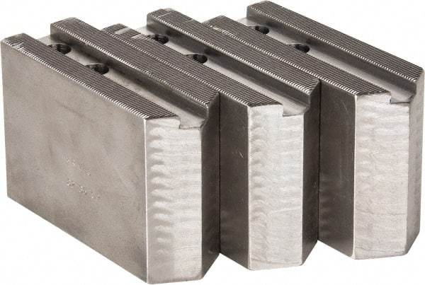 H & R Manufacturing - 1.5mm x 60° Serrated Attachment, Square Soft Lathe Chuck Jaw - 3 Jaws, Steel, 1.181" Btw Mount Hole Ctrs, 5" Long x 1-3/4" Wide x 3-1/2" High, 0.63" Groove, 12mm Fastener - Apex Tool & Supply