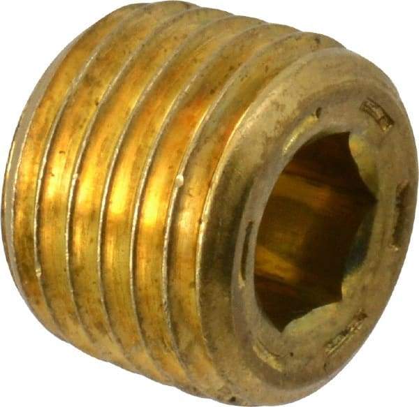 Unbrako - 1/4-18, 13/32" OAL, Brass Socket Pressure Plug - 7/8" Taper per Foot, 1/4" Hex Key - Apex Tool & Supply