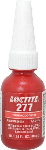 Loctite - 10 mL Bottle, Red, High Strength Liquid Threadlocker - Series 277, 24 hr Full Cure Time, Hand Tool, Heat Removal - Apex Tool & Supply