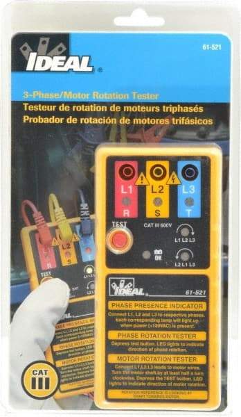 Ideal - 3 Phase, 100 to 600 VAC, 10 to 400 Hz, 5 to 131°F, LED Display Phase Rotation Tester - 9V, Includes 9V Battery, Alligator Clips, Carrying Case, Operating Instructions, C N12966, CAT III, CE, EN 61010, IEC 1010 - Apex Tool & Supply