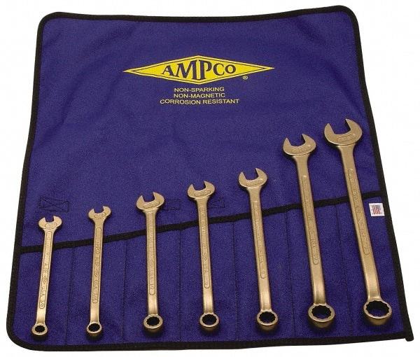 Ampco - 7 Piece, 3/8" to 7/8", 12 Point Combination Wrench Set - Inch Measurement Standard, Aluminum Bronze Finish, Comes in Roll-Up Pouch - Apex Tool & Supply