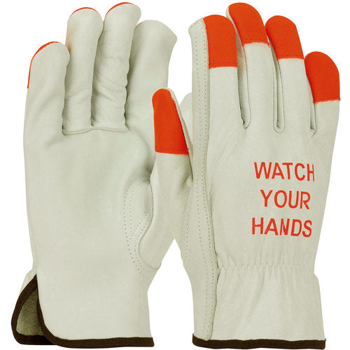 ‎68-165HV/XS Leather Drivers Gloves - TG Cowhide - Superior Grade - Hi-Vis Orange Fingertips & Logo - Keystone - Exact Industrial Supply