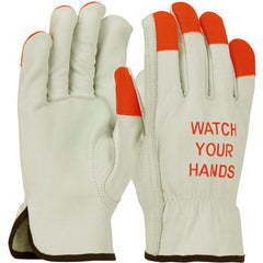 ‎68-165HV/M Leather Drivers Gloves - TG Cowhide - Superior Grade - Hi-Vis Orange Fingertips & Logo - Keystone - Exact Industrial Supply