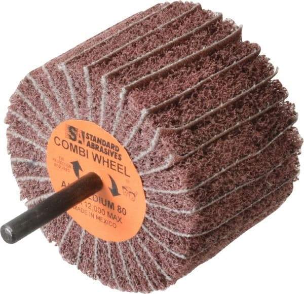 Standard Abrasives - 3" Diam x 2" Face Width, Medium Aluminum Oxide Coated Mounted Flap Wheel - 1/4" Shank Mount, 80 Grit, 12,000 Max RPM - Apex Tool & Supply