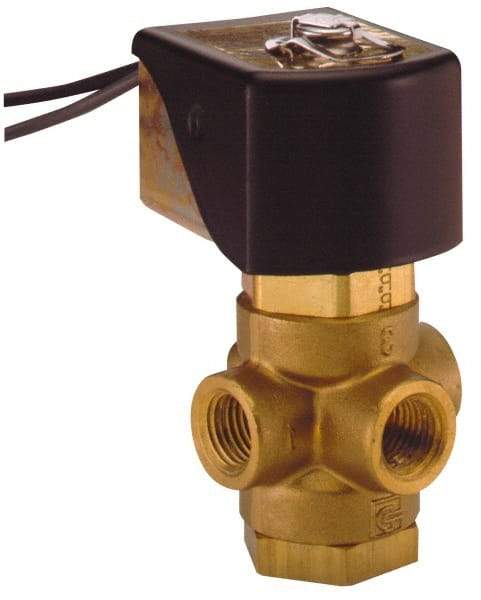 Parker - 1/4" Port, Three Way, Direct Acting, Brass Solenoid Valve - Universal, 125 Max PSI, NBR Seal - Apex Tool & Supply