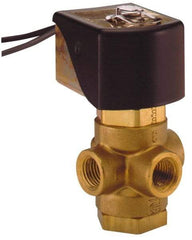Parker - 1/4" Port, Three Way, Direct Acting, Brass Solenoid Valve - Universal, 125 Max PSI, NBR Seal - Apex Tool & Supply