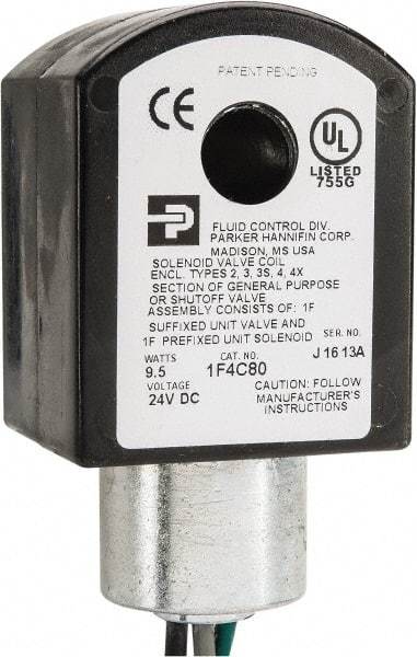 Parker - 24 Volt, 18 Coil Lead Length, Class F, Solenoid Coil - 9.5 Watt, NEMA 4X Enclosure, Use with Parker Skinner Gold Ring Series Valves - Apex Tool & Supply