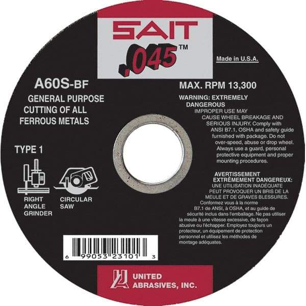 Sait - 6" 60 Grit Aluminum Oxide Cutoff Wheel - 0.045" Thick, 7/8" Arbor, 10,200 Max RPM, Use with Angle Grinders - Apex Tool & Supply