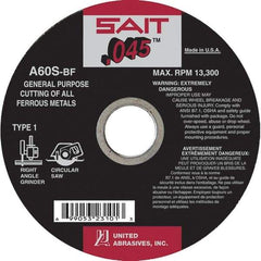 Sait - 6" 60 Grit Aluminum Oxide Cutoff Wheel - 0.045" Thick, 7/8" Arbor, 10,200 Max RPM, Use with Angle Grinders - Apex Tool & Supply