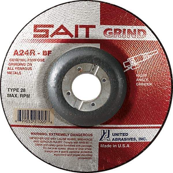 Sait - 24 Grit, 7" Wheel Diam, 1/4" Wheel Thickness, 7/8" Arbor Hole, Type 28 Depressed Center Wheel - Aluminum Oxide, Resinoid Bond, R Hardness, 8,500 Max RPM, Compatible with Angle Grinder - Apex Tool & Supply