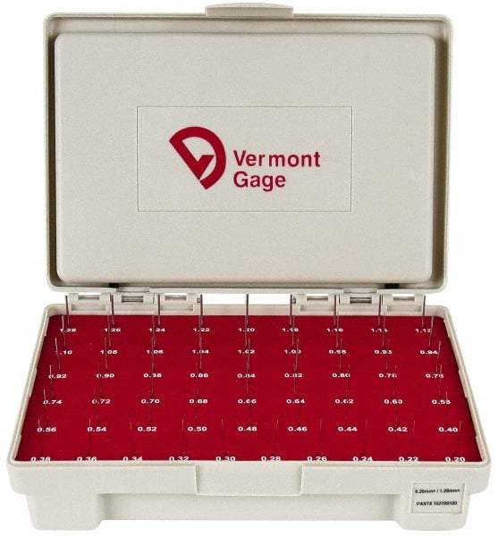 Vermont Gage - 55 Piece, 0.2-1.28 mm Diameter Plug and Pin Gage Set - Plus 0.01 mm Tolerance, Class ZZ - Apex Tool & Supply