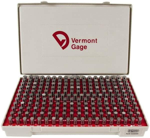 Vermont Gage - 200 Piece, 10.01-13.99 mm Diameter Plug and Pin Gage Set - Plus 0.01 mm Tolerance, Class ZZ - Apex Tool & Supply