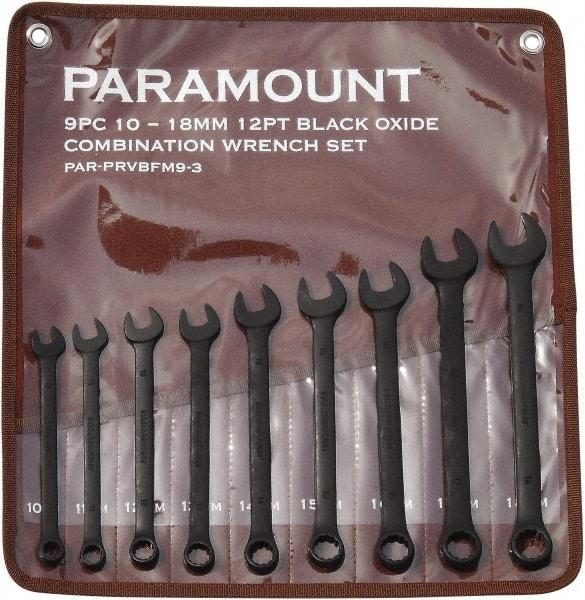 Paramount - 9 Piece, 10mm to 18mm, 12 Point Combination Wrench Set - Metric Measurement Standard, Black Oxide Finish, Comes in Canvas Roll - Apex Tool & Supply