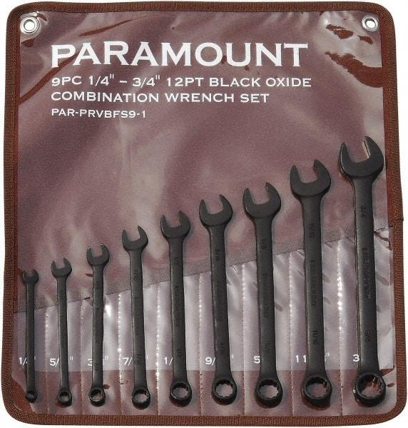 Paramount - 9 Piece, 1/4" to 3/4", 12 Point Combination Wrench Set - Inch Measurement Standard, Black Oxide Finish, Comes in Canvas Roll - Apex Tool & Supply