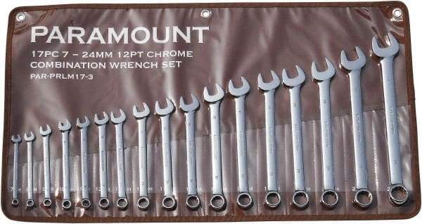 Paramount - 17 Piece, 7mm to 24mm, 12 Point Combination Wrench Set - Metric Measurement Standard, Full Polish Finish, Comes in Canvas Roll - Apex Tool & Supply