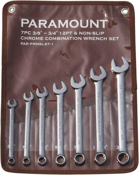 Paramount - 7 Piece, 3/8" to 3/4", 12 Point Combination Wrench Set - Inch Measurement Standard, Full Polish Finish, Comes in Canvas Roll - Apex Tool & Supply