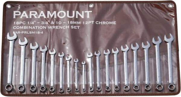 Paramount - 18 Piece, 1/4" to 3/4" (10mm to 18mm), 12 Point Combination Wrench Set - Inch/Metric Measurement Standard, Full Polish Finish, Comes in Canvas Roll - Apex Tool & Supply