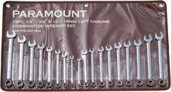 Paramount - 18 Piece, 1/4" to 3/4" (10mm to 18mm), 12 Point Combination Wrench Set - Inch/Metric Measurement Standard, Full Polish Finish, Comes in Canvas Roll - Apex Tool & Supply