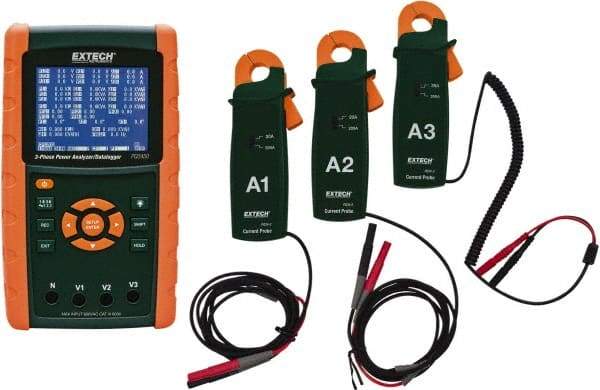 Extech - 3 Phase, 600 VAC, 0.01 to 200 Amp Capability, 45 to 65 Hz Calibration, LCD Display Power Meter - 0.5 Current Accuracy, 0.5 Voltage Accuracy - Apex Tool & Supply