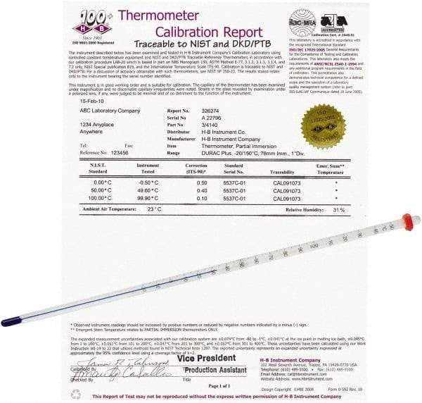 H-B Instruments - -20 to 110°C, Organic Filled Precision Thermometer - 12 Inch Immersion Length - Apex Tool & Supply
