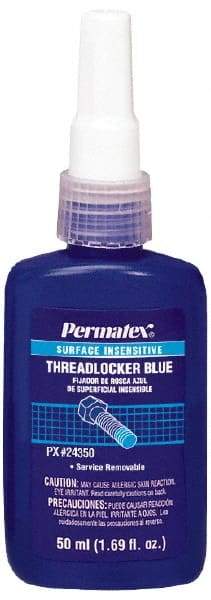 Permatex - 50 mL Bottle, Blue, Medium Strength Liquid Threadlocker - Series 243, 24 hr Full Cure Time, Hand Tool Removal - Apex Tool & Supply