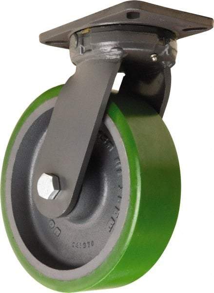 Hamilton - 10" Diam x 3" Wide x 12-1/2" OAH Top Plate Mount Swivel Caster - Polyurethane Mold onto Cast Iron Center, 3,000 Lb Capacity, Tapered Roller Bearing, 5-1/4 x 7-1/4" Plate - Apex Tool & Supply