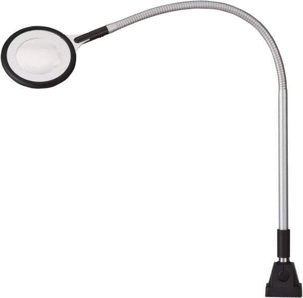 Waldmann Lighting - 25.4 Inch, Gooseneck, Clamp Mounted, LED, Silver, Magnifying Task Light - 6 Watt, 100 to 240 Volt, 2.25x Magnification, 71mm Wide - Apex Tool & Supply