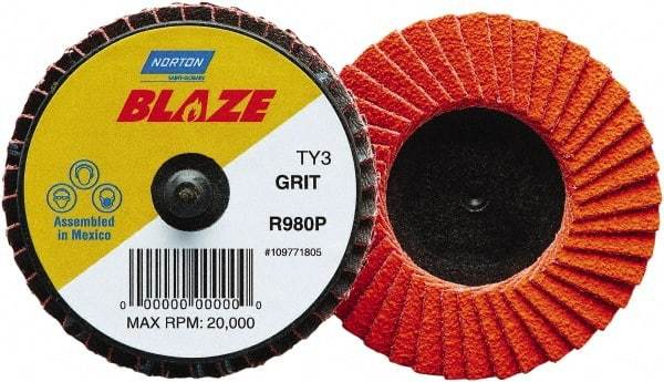 Norton - 60 Grit, 3" Disc Diam, Type 27 Ceramic Alumina Flap Disc - 30,000 Max RPM, Fiberglass Backing, Quick Change Type R Attaching System, Coated - Apex Tool & Supply
