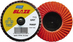 Norton - 60 Grit, 3" Disc Diam, Type 27 Ceramic Alumina Flap Disc - 30,000 Max RPM, Fiberglass Backing, Quick Change Type R Attaching System, Coated - Apex Tool & Supply