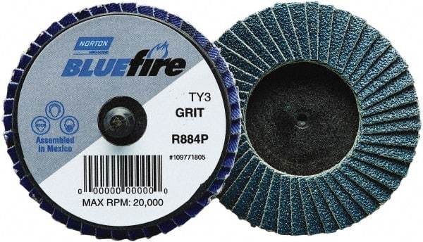 Norton - 60 Grit, 2" Disc Diam, Type 27 Zirconia Alumina Flap Disc - 30,000 Max RPM, Fiberglass Backing, Quick Change Type R Attaching System, Coated - Apex Tool & Supply