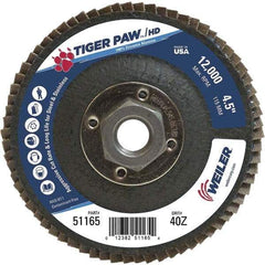 Weiler - 40 Grit, 4-1/2" Disc Diam, 5/8-11 Center Hole, Type 27 Zirconia Alumina Flap Disc - 12,000 Max RPM, Phenolic Backing, Arbor Attaching System, Coated - Apex Tool & Supply