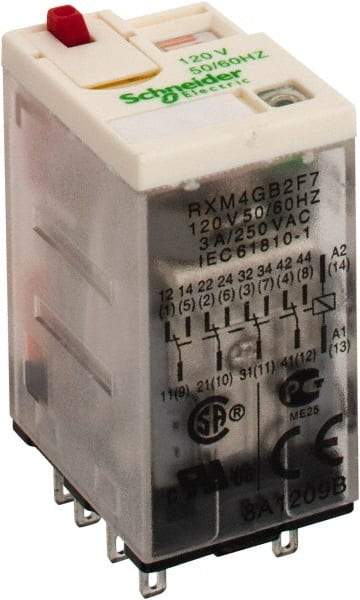 Square D - 14 Pins, 1.2 VA Power Rating, Ice Cube Electromechanical Plug-in General Purpose Relay - 3 Amp at 277 VAC, 4PDT, 120 VAC, 21mm Wide x 40mm High x 27mm Deep - Apex Tool & Supply