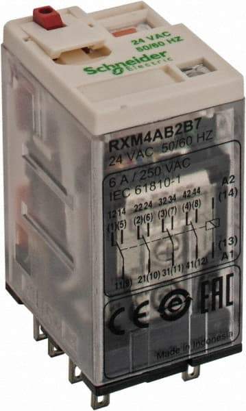 Square D - 14 Pins, 1.2 VA Power Rating, Ice Cube Electromechanical Plug-in General Purpose Relay - 6 Amp at 277 VAC, 4PDT, 24 VAC, 21mm Wide x 40mm High x 27mm Deep - Apex Tool & Supply